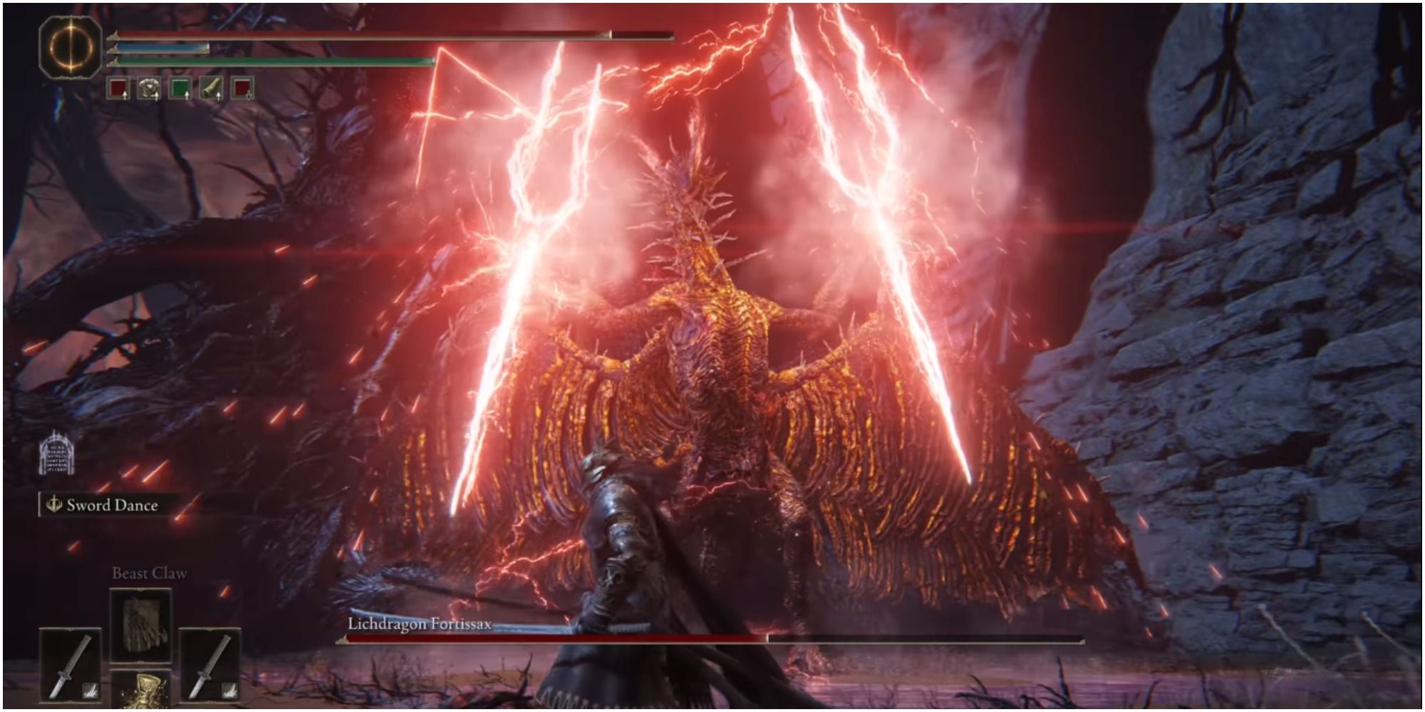The boss using lightning spear in his hands.